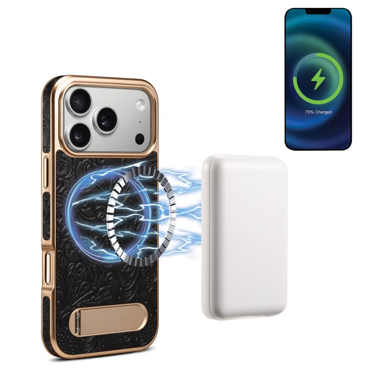 For iPhone 17 Pro Denior A25 Retro Flower Texture MagSafe Genuine Leather Phone Case with Holder(Black)