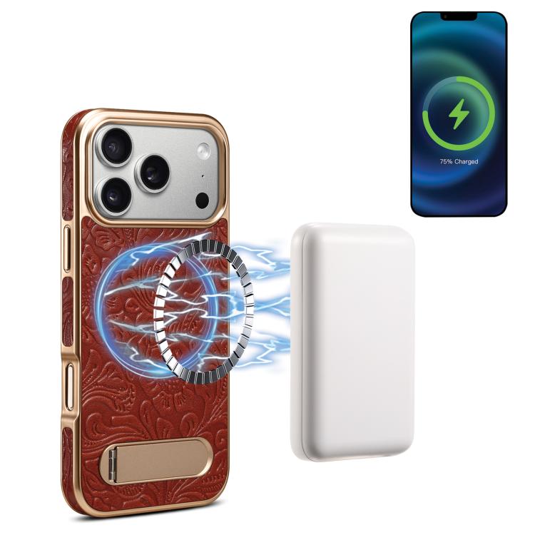 For iPhone 17 Pro Denior A25 Retro Flower Texture MagSafe Genuine Leather Phone Case with Holder(Red)