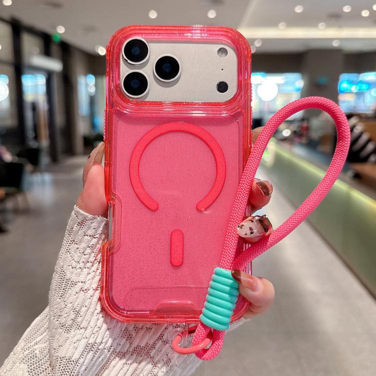 For iPhone 17 Pro Detachable 3 in 1 Glitter Magnetic Phone Case with Hand Strap(Pink)