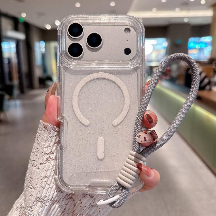 For iPhone 17 Pro Detachable 3 in 1 Glitter Magnetic Phone Case with Hand Strap(Transparent)