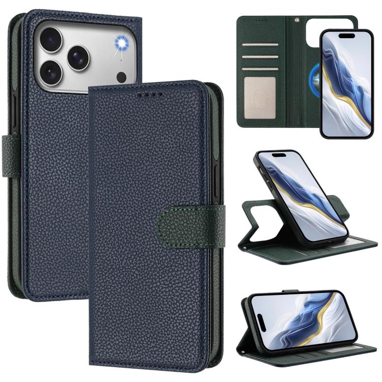 For iPhone 17 Pro Detachable Litchi Texture Magnetic Side-Patch Vegan Leather Phone Case(Dark Blue Dark Green)