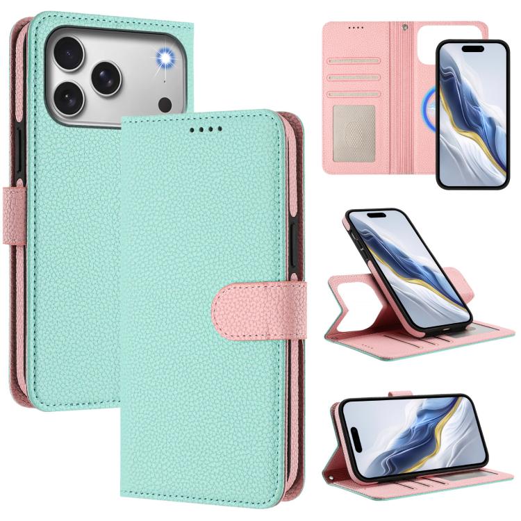 For iPhone 17 Pro Detachable Litchi Texture Magnetic Side-Patch Vegan Leather Phone Case(Mint Green Pink)