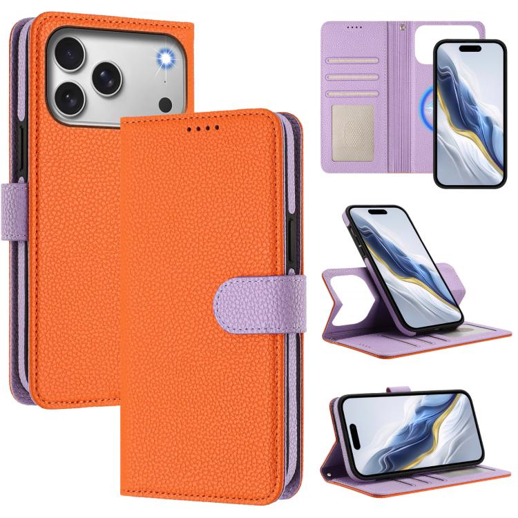 For iPhone 17 Pro Detachable Litchi Texture Magnetic Side-Patch Vegan Leather Phone Case(Orange Purple)