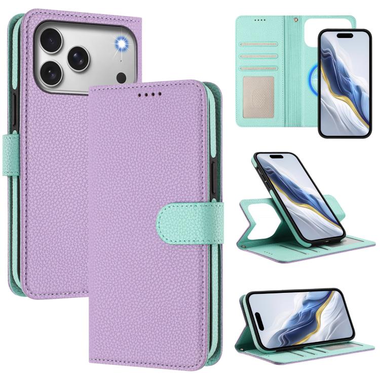 For iPhone 17 Pro Detachable Litchi Texture Magnetic Side-Patch Vegan Leather Phone Case(Purple Mint Green)