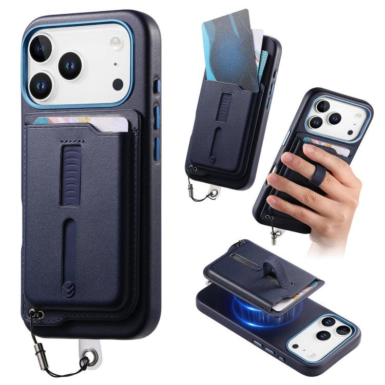 For iPhone 17 Pro Detachable Magnetic Card Bag Phone Case with Finger Ring Grip & Anti-loss Rope(Blue)