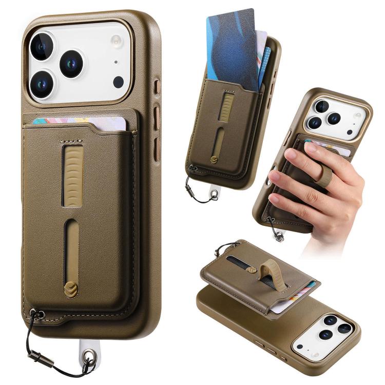 For iPhone 17 Pro Detachable Magnetic Card Bag Phone Case with Finger Ring Grip & Anti-loss Rope(Khaki)