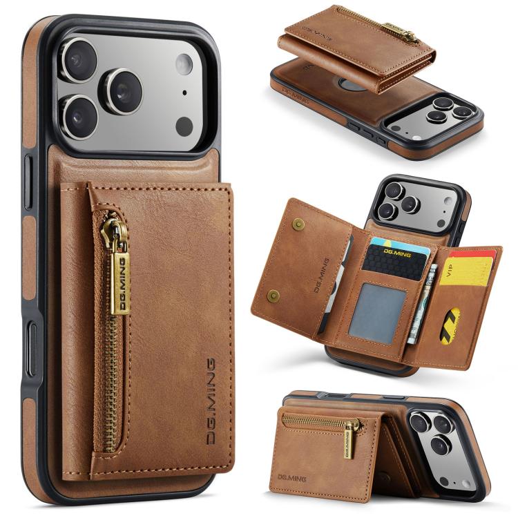For iPhone 17 Pro DG.MING M5 Series Zip RFID Multi Card Detachable Leather Phone Case(Brown)