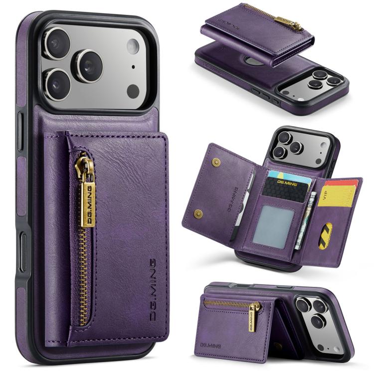 For iPhone 17 Pro DG.MING M5 Series Zip RFID Multi Card Detachable Leather Phone Case(Purple)