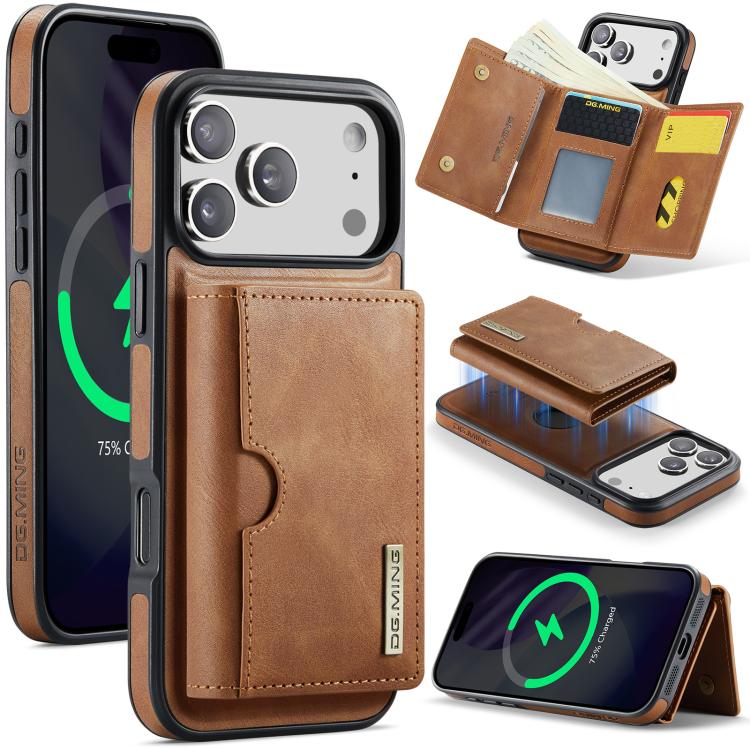 For iPhone 17 Pro DG.MING M6 Series RFID Tri-fold Card Bag Removable Leather Phone Case(Brown)