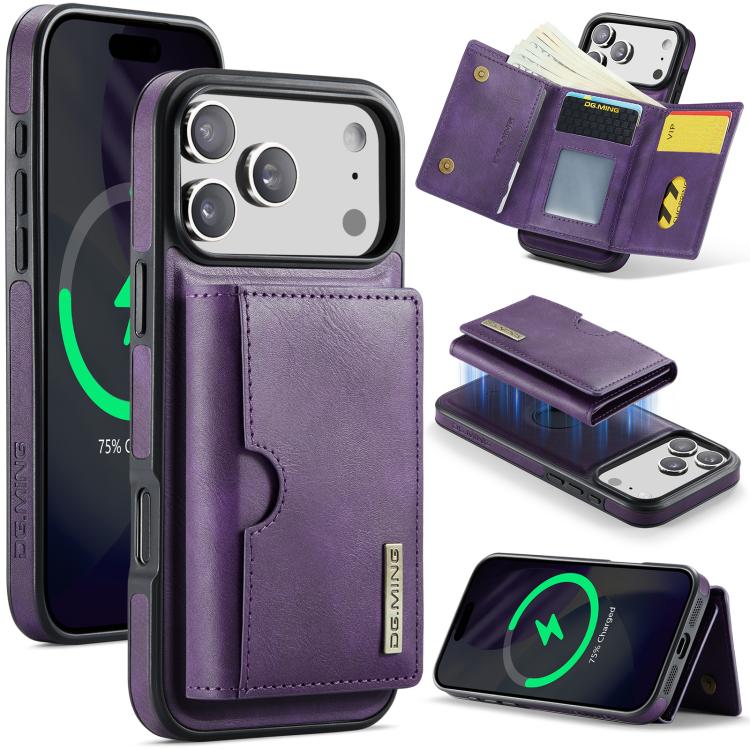 For iPhone 17 Pro DG.MING M6 Series RFID Tri-fold Card Bag Removable Leather Phone Case(Purple)
