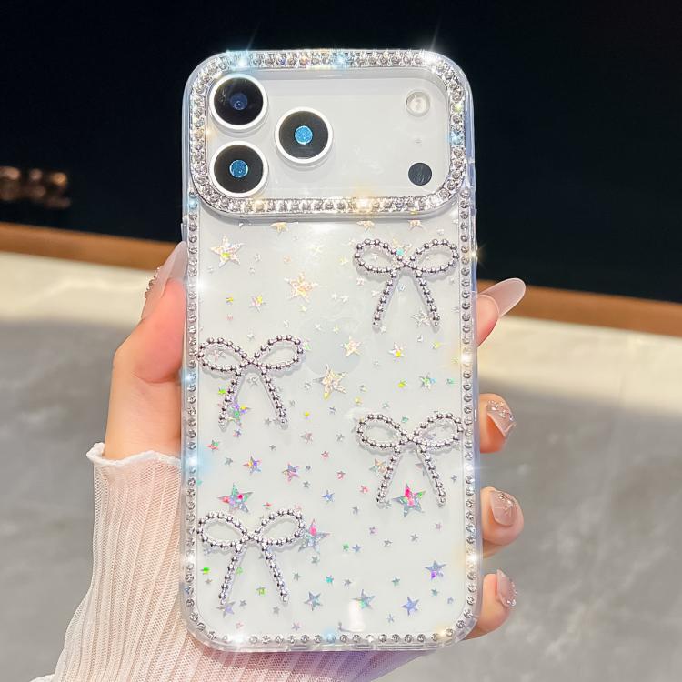 For iPhone 17 Pro Diamond Glitter Bow-knot Four-Corner Shockproof Phone Case(Transparent Stars)