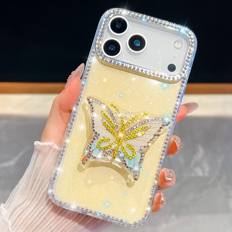 For iPhone 17 Pro Diamond Glitter Butterfly Holder Phone Case(Light Yellow)