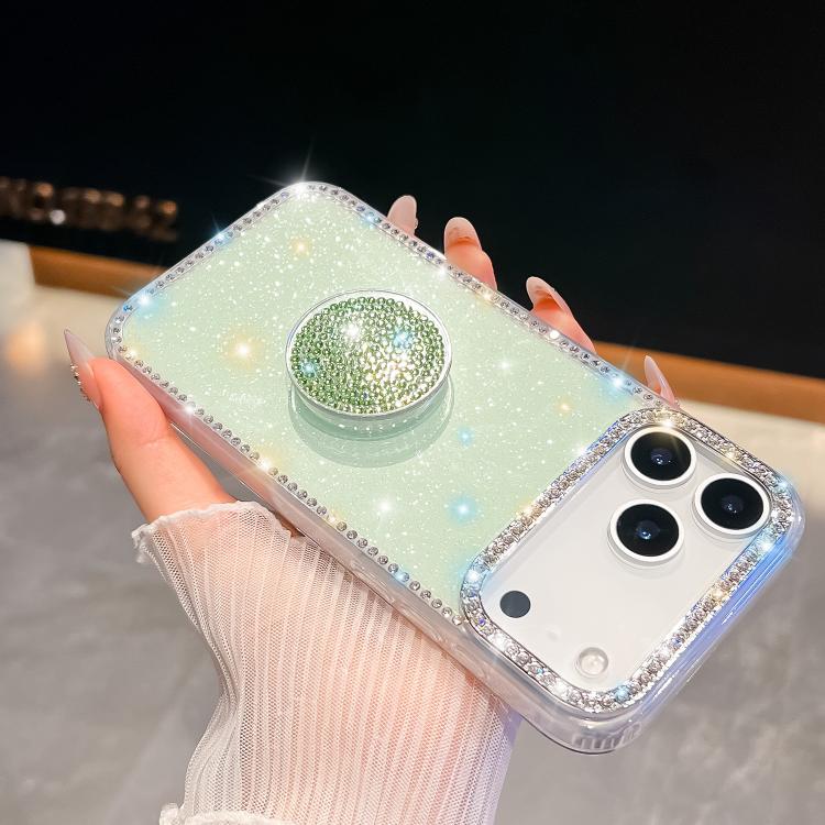 For iPhone 17 Pro Diamond Glitter Diamond Round Holder Phone Case(Light Green)