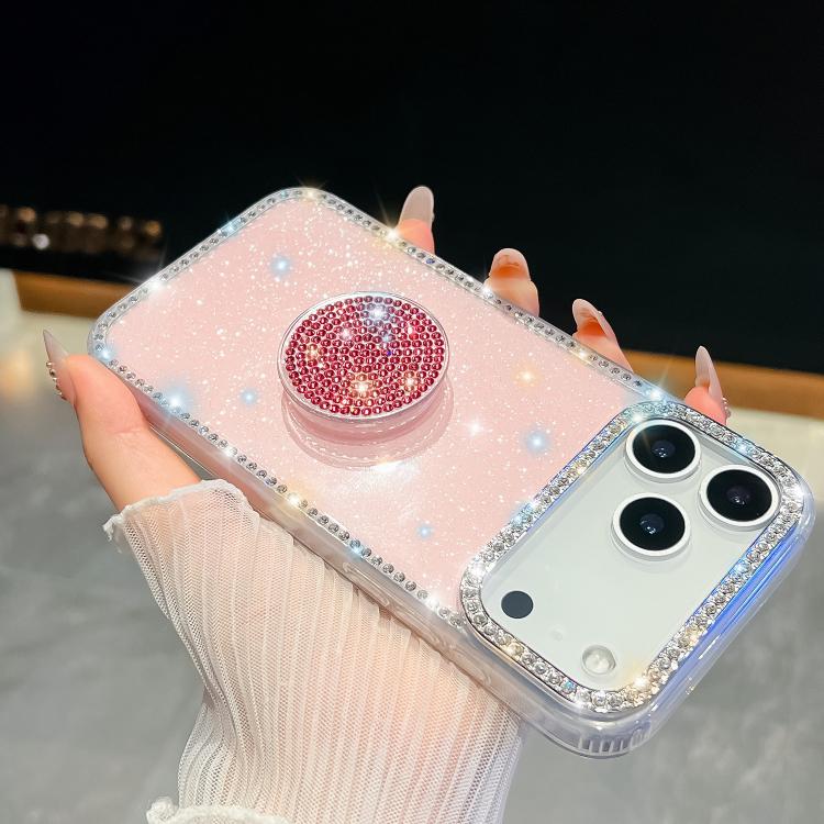 For iPhone 17 Pro Diamond Glitter Diamond Round Holder Phone Case(Light Pink)