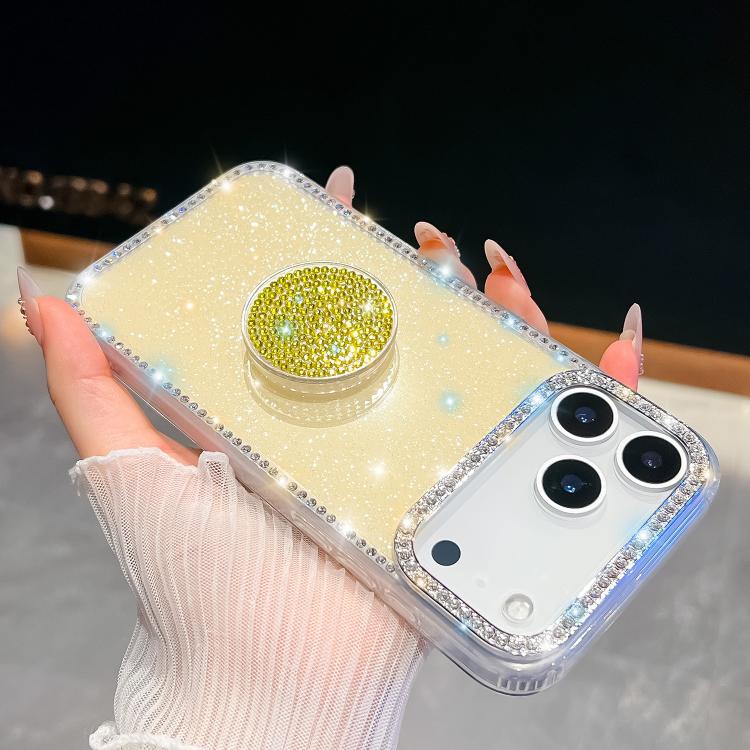 For iPhone 17 Pro Diamond Glitter Diamond Round Holder Phone Case(Light Yellow)
