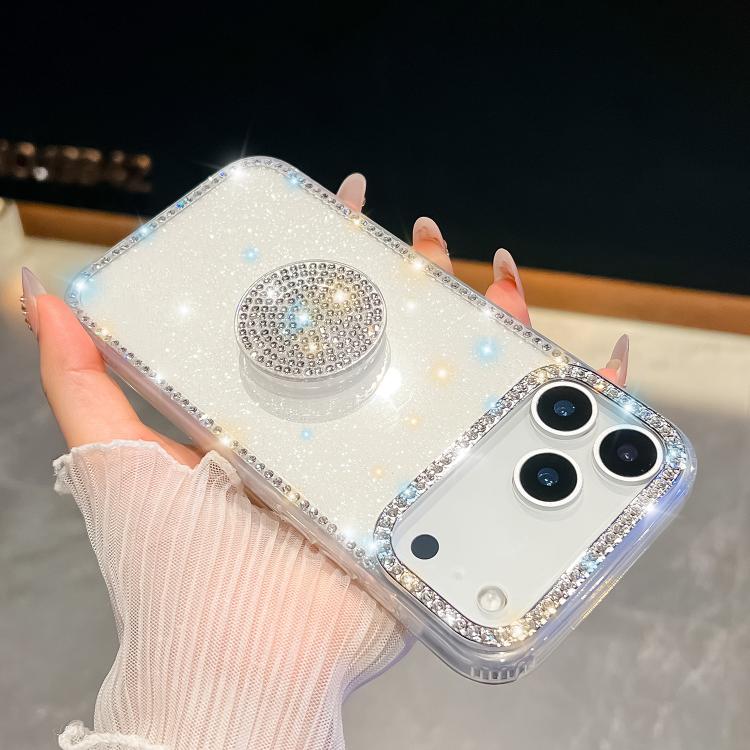 For iPhone 17 Pro Diamond Glitter Diamond Round Holder Phone Case(Transparent)