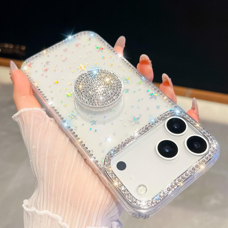 For iPhone 17 Pro Diamond Glitter Diamond Round Holder Phone Case(Transparent Stars)