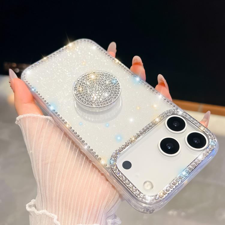 For iPhone 17 Pro Diamond Glitter Diamond Round Holder Phone Case(White)