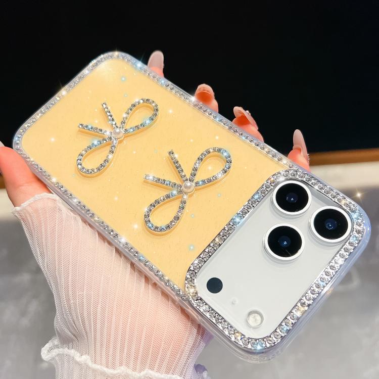For iPhone 17 Pro Diamond Glitter Dual Bow-knot Shockproof Phone Case(Light Yellow)