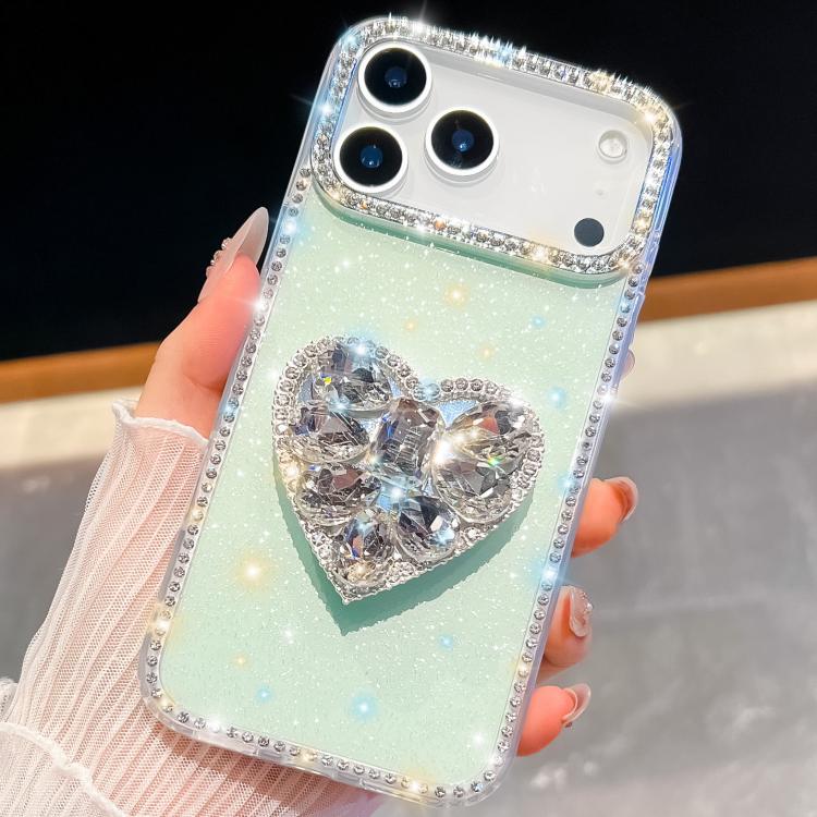 For iPhone 17 Pro Diamond Glitter Gemstone Heart Holder Phone Case(Light Green)