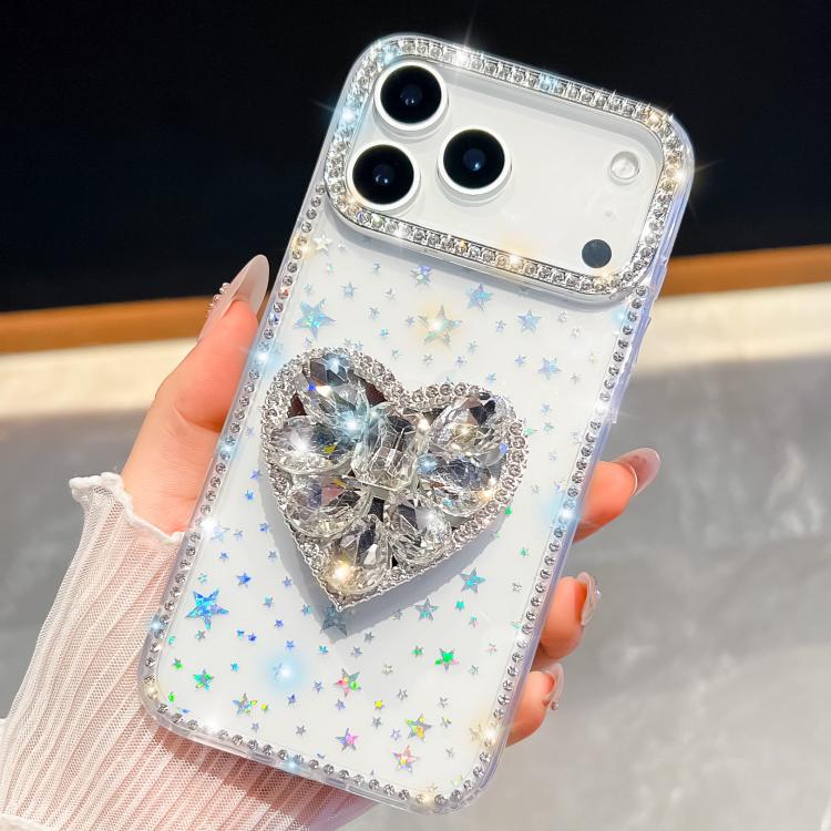 For iPhone 17 Pro Diamond Glitter Gemstone Heart Holder Phone Case(Transparent Stars)