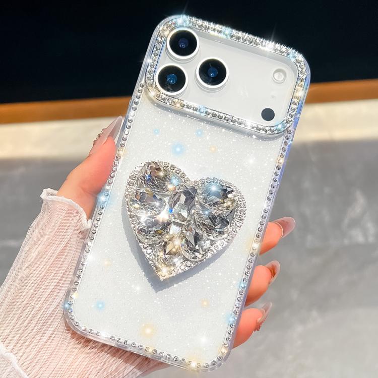 For iPhone 17 Pro Diamond Glitter Gemstone Heart Holder Phone Case(White)