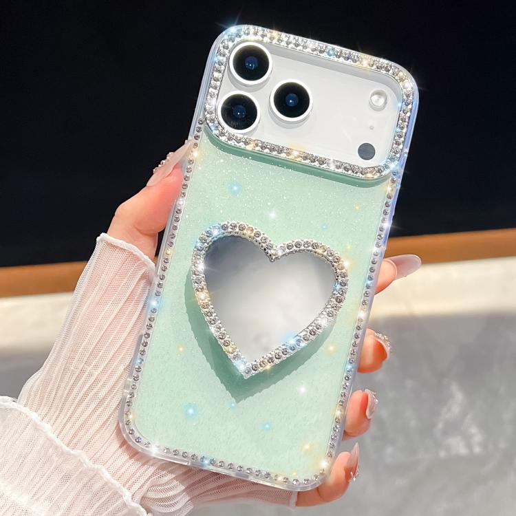 For iPhone 17 Pro Diamond Glitter Mirror Heart Holder Phone Case(Light Green)