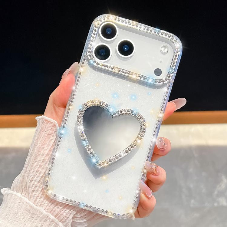 For iPhone 17 Pro Diamond Glitter Mirror Heart Holder Phone Case(Transparent)