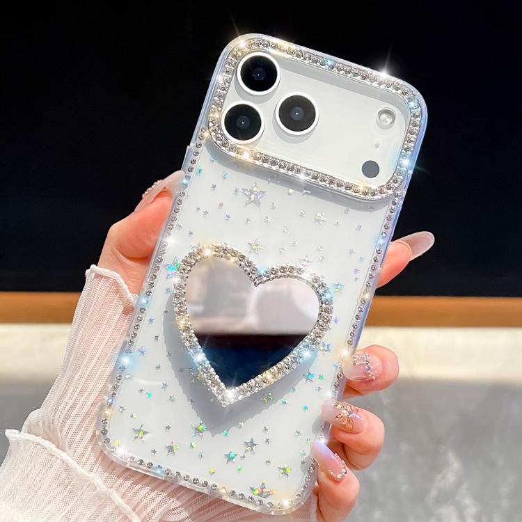 For iPhone 17 Pro Diamond Glitter Mirror Heart Holder Phone Case(Transparent Stars)
