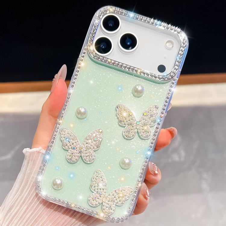 For iPhone 17 Pro Diamond Glitter Pearl Butterfly Four-Corner Shockproof Phone Case(Light Green)