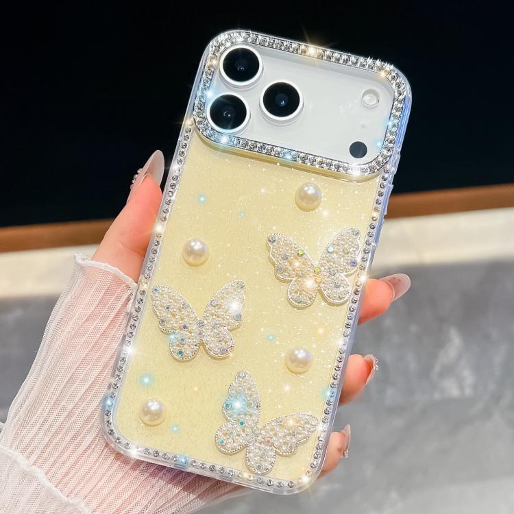 For iPhone 17 Pro Diamond Glitter Pearl Butterfly Four-Corner Shockproof Phone Case(Light Yellow)