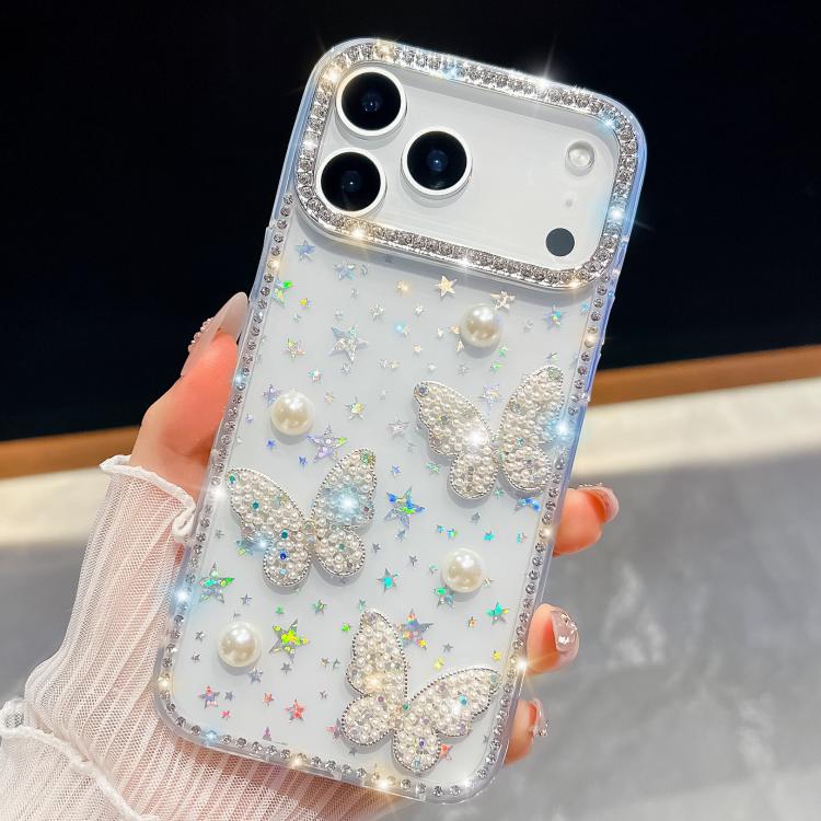 For iPhone 17 Pro Diamond Glitter Pearl Butterfly Four-Corner Shockproof Phone Case(Transparent Stars)