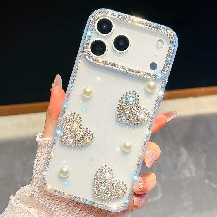 For iPhone 17 Pro Diamond Glitter Pearl Heart Four-Corner Shockproof Phone Case(Transparent)