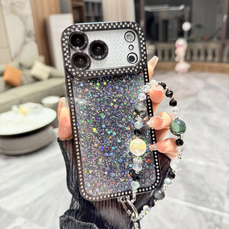 For iPhone 17 Pro Diamond Glitter Sequins TPU Phone Case with Bracelet Chain(Black)