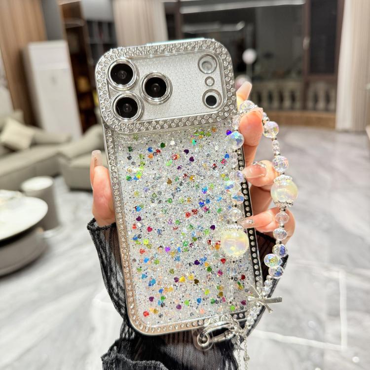 For iPhone 17 Pro Diamond Glitter Sequins TPU Phone Case with Bracelet Chain(Multicolor)