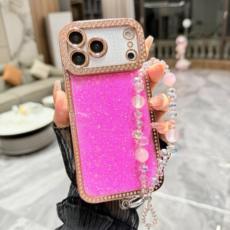 For iPhone 17 Pro Diamond Glitter Sequins TPU Phone Case with Bracelet Chain(Rose Red)