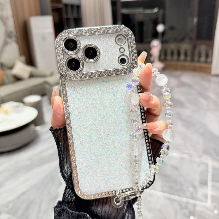 For iPhone 17 Pro Diamond Glitter Sequins TPU Phone Case with Bracelet Chain(White)