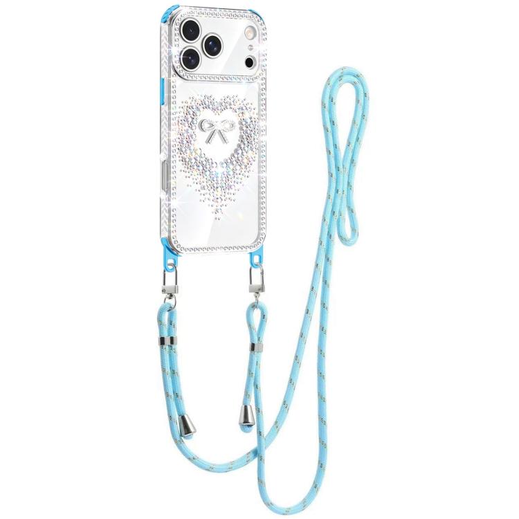 For iPhone 17 Pro Diamond Heart Bow PC Hybrid TPU Airbag Phone Case with Lanyard(Blue)