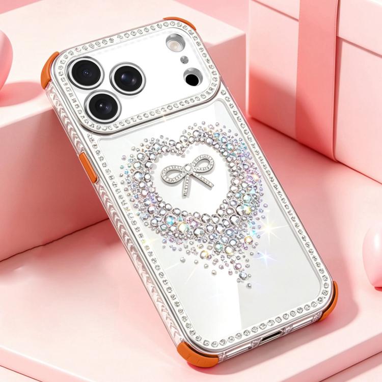 For iPhone 17 Pro Diamond Heart Bow PC Hybrid TPU Airbag Shockproof Phone Case(Orange)