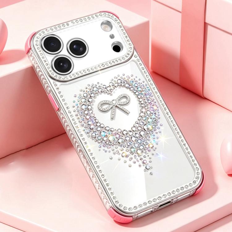 For iPhone 17 Pro Diamond Heart Bow PC Hybrid TPU Airbag Shockproof Phone Case(Pink)