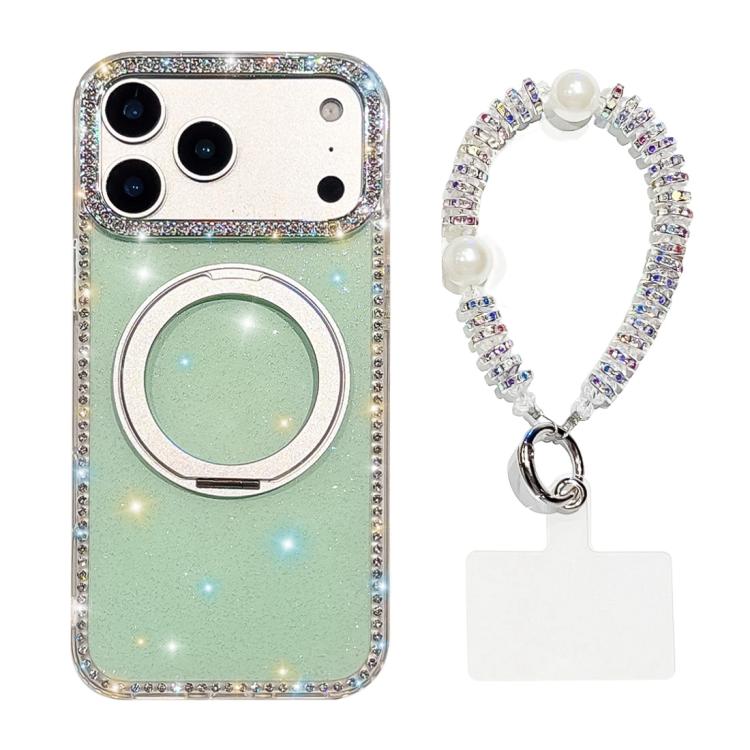 For iPhone 17 Pro Diamond IMD 360 Rotation Magnetic Metal Holder Phone Case with Strap(Glitter Light Green)