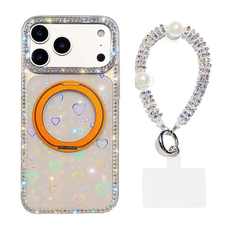 For iPhone 17 Pro Diamond IMD 360 Rotation Magnetic Metal Holder Phone Case with Strap(Love Transparent)