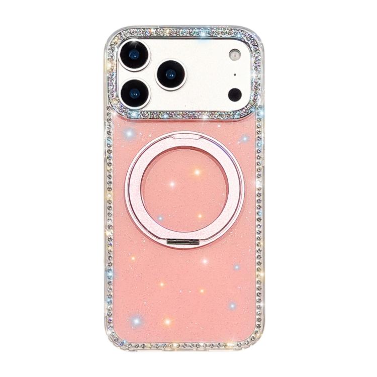 For iPhone 17 Pro Diamond IMD 360 Rotation Magnetic Metal Holder Phone Case(Glitter Light Pink)