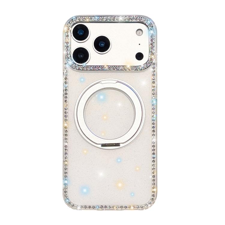 For iPhone 17 Pro Diamond IMD 360 Rotation Magnetic Metal Holder Phone Case(Glitter White)