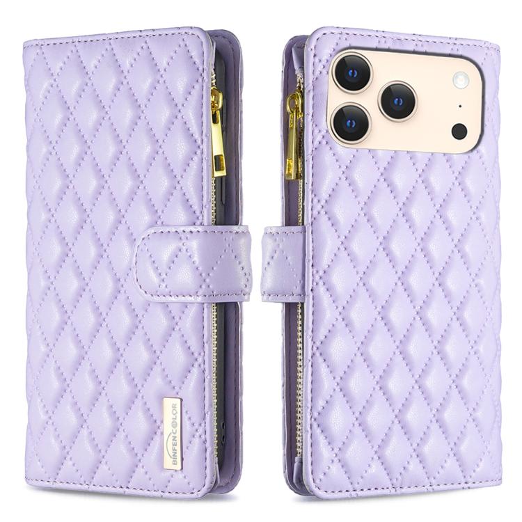 For iPhone 17 Pro Diamond Lattice Zipper Wallet Leather Flip Phone Case(Purple)