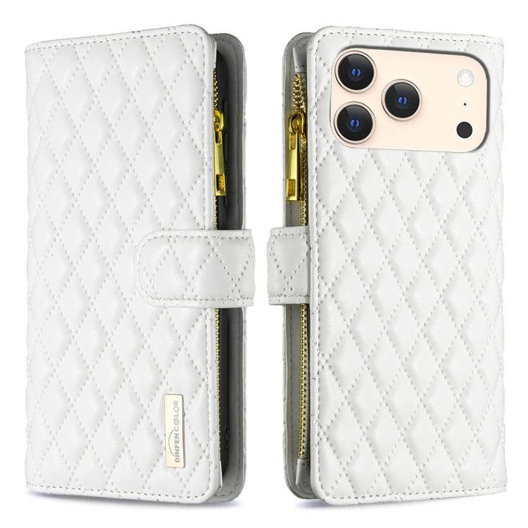 For iPhone 17 Pro Diamond Lattice Zipper Wallet Leather Flip Phone Case(White)