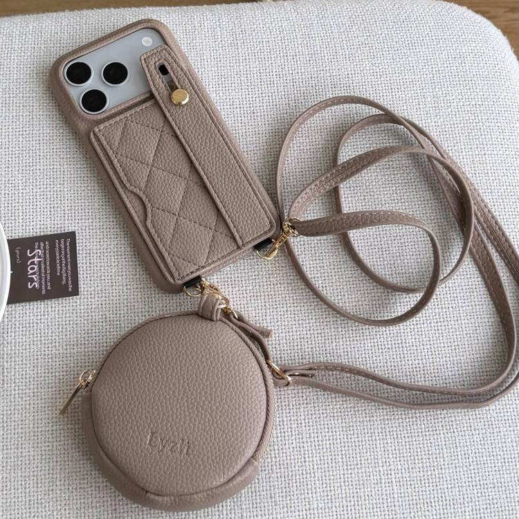 For iPhone 17 Pro Diamond Pattern Wristband Card Slot PU Phone Case with Small Wallet(Camel Color)