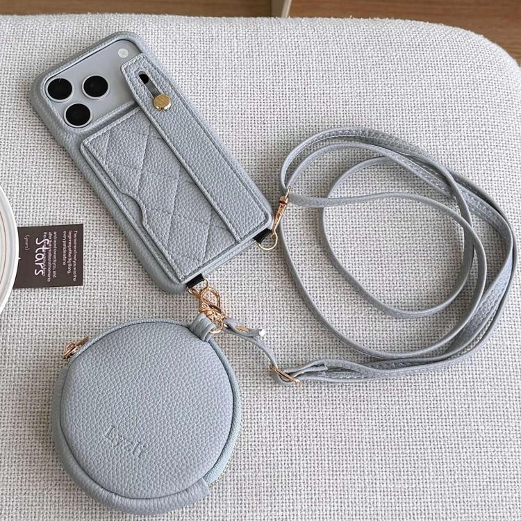 For iPhone 17 Pro Diamond Pattern Wristband Card Slot PU Phone Case with Small Wallet(Light Blue)