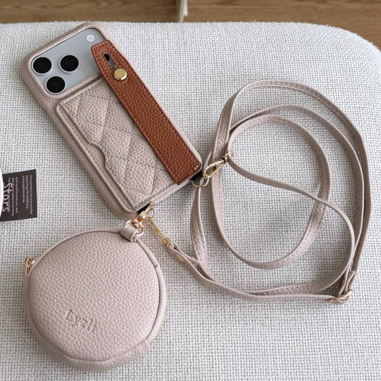 For iPhone 17 Pro Diamond Pattern Wristband Card Slot PU Phone Case with Small Wallet(Light Brown)