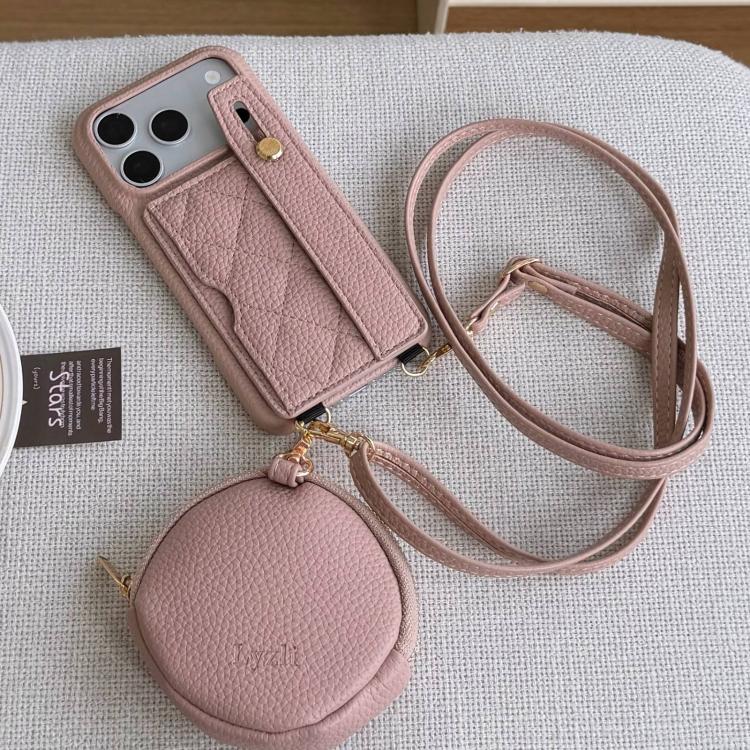 For iPhone 17 Pro Diamond Pattern Wristband Card Slot PU Phone Case with Small Wallet(Pink)